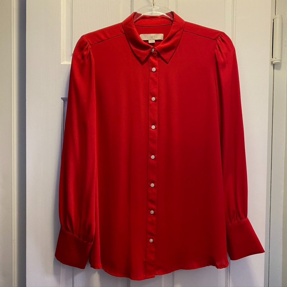 LOFT Bright Red Longsleeve Button Down Blouse